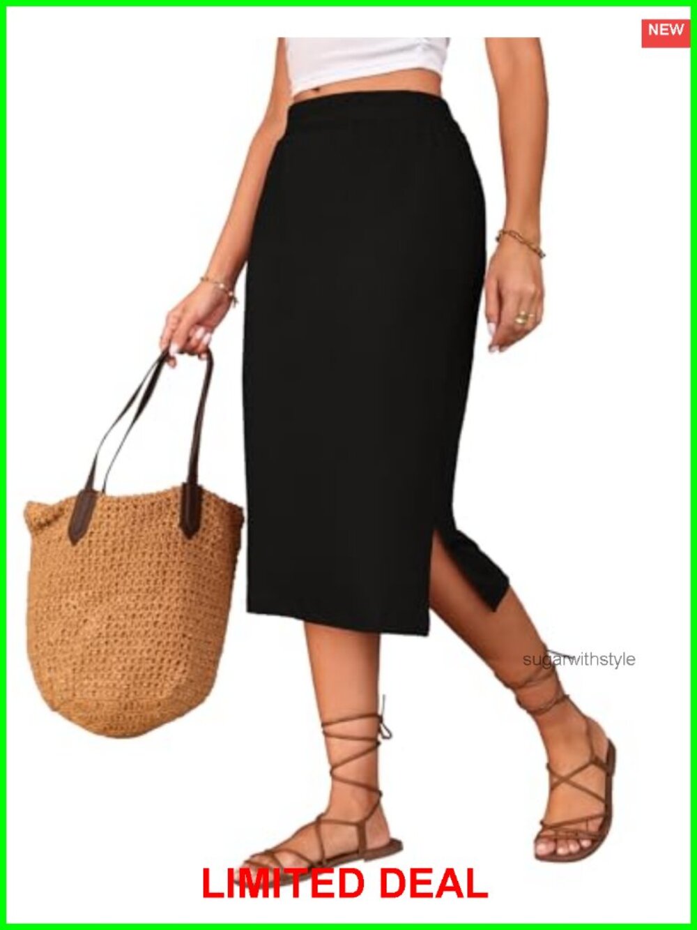Women's Midi Skirt High Waisted Elastic Side Slit Summer Casual